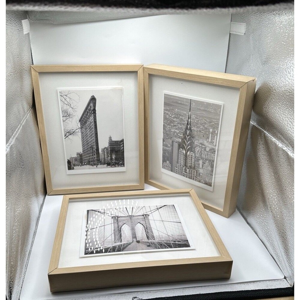 Set of 3 Black & White NYC Framed Prints – Flatiron, Chrysler & Brooklyn Bridge